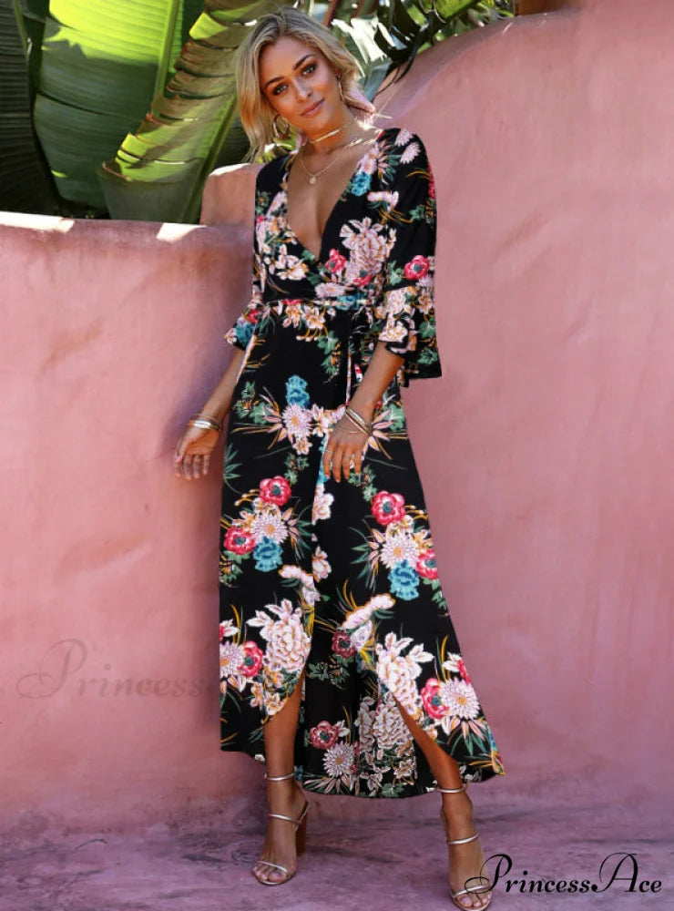 Gown Flowered for Neck Design Full-Length Vintage Warm-Season V Women S / Khaki