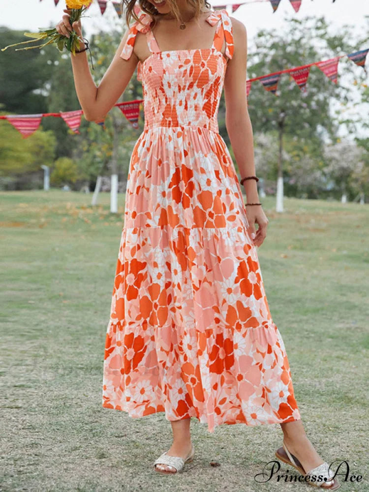 Gown Flowered Long for Resort Women Orange / S