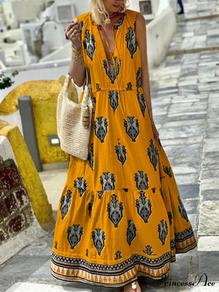 Gown for Design Full-Length Sleeveless Bohemian Women Yellow / S