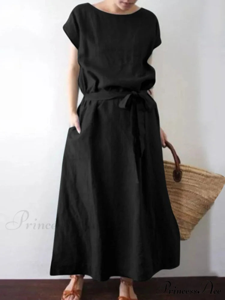 Gown for Midi Tie Linen Waist Women Black / S