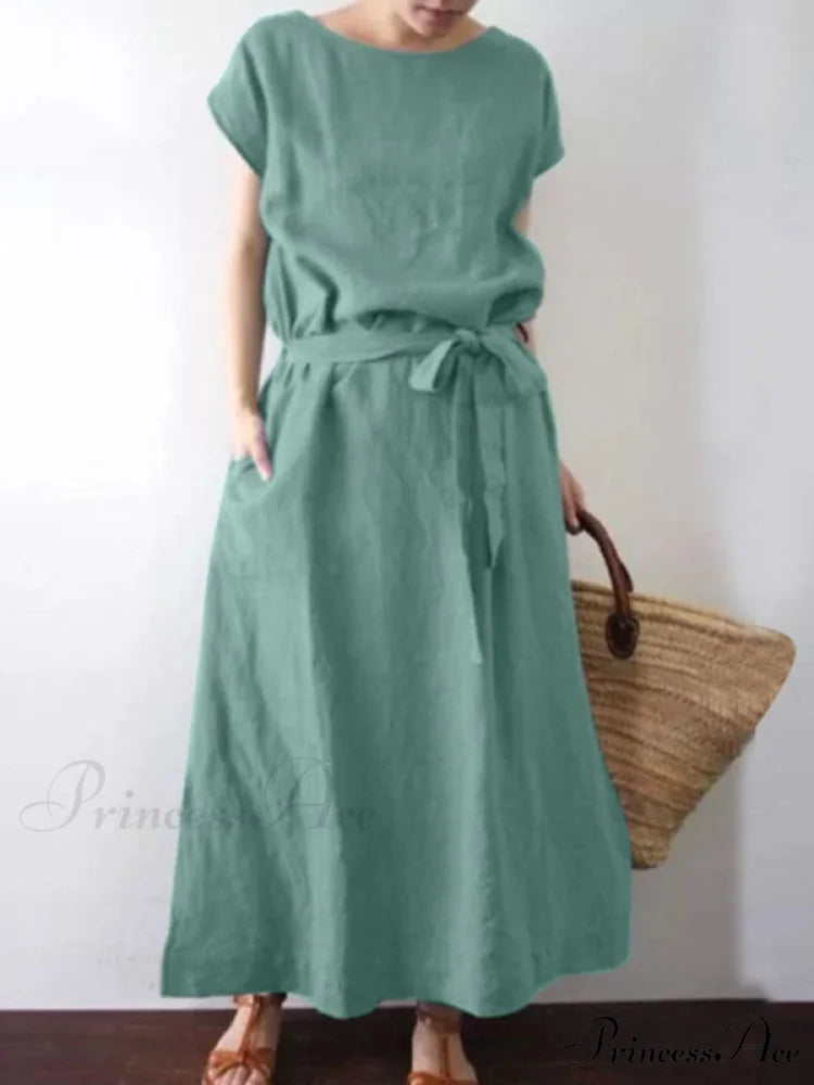 Gown for Midi Tie Linen Waist Women Green / S