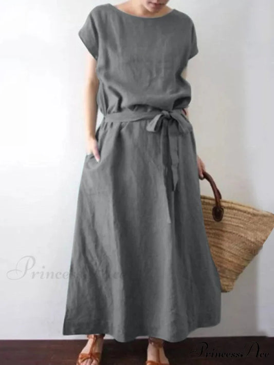 Gown for Midi Tie Linen Waist Women Grey / S