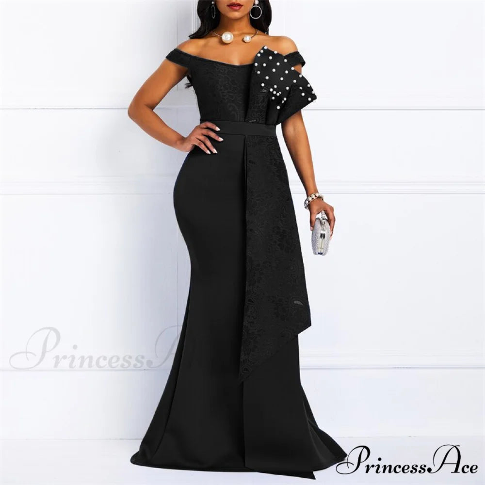 Gown Lace Elegant Embroidery Red Women Cut Low Party Beaded - Mermaid Warm-Season Floor-Length black / M