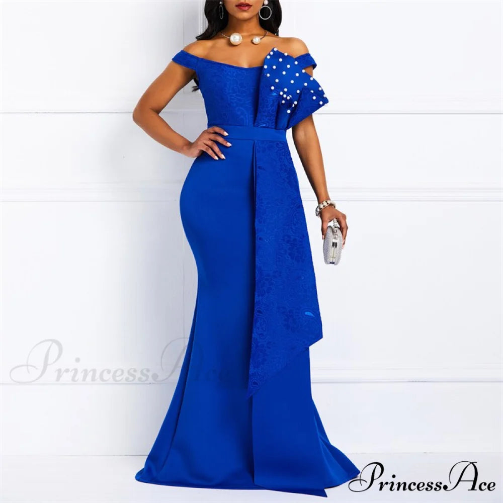 Gown Lace Elegant Embroidery Red Women Cut Low Party Beaded - Mermaid Warm-Season Floor-Length blue / L