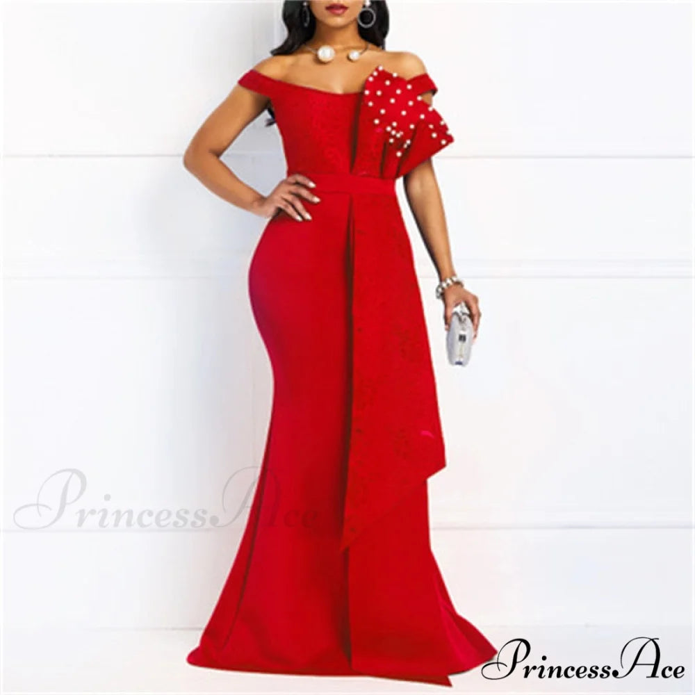 Gown Lace Elegant Embroidery Red Women Cut Low Party Beaded - Mermaid Warm-Season Floor-Length red / M
