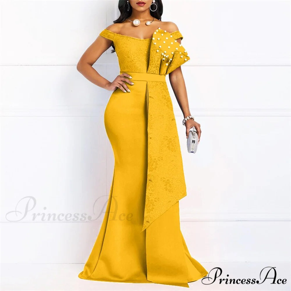 Gown Lace Elegant Embroidery Red Women Cut Low Party Beaded - Mermaid Warm-Season Floor-Length yellow / M