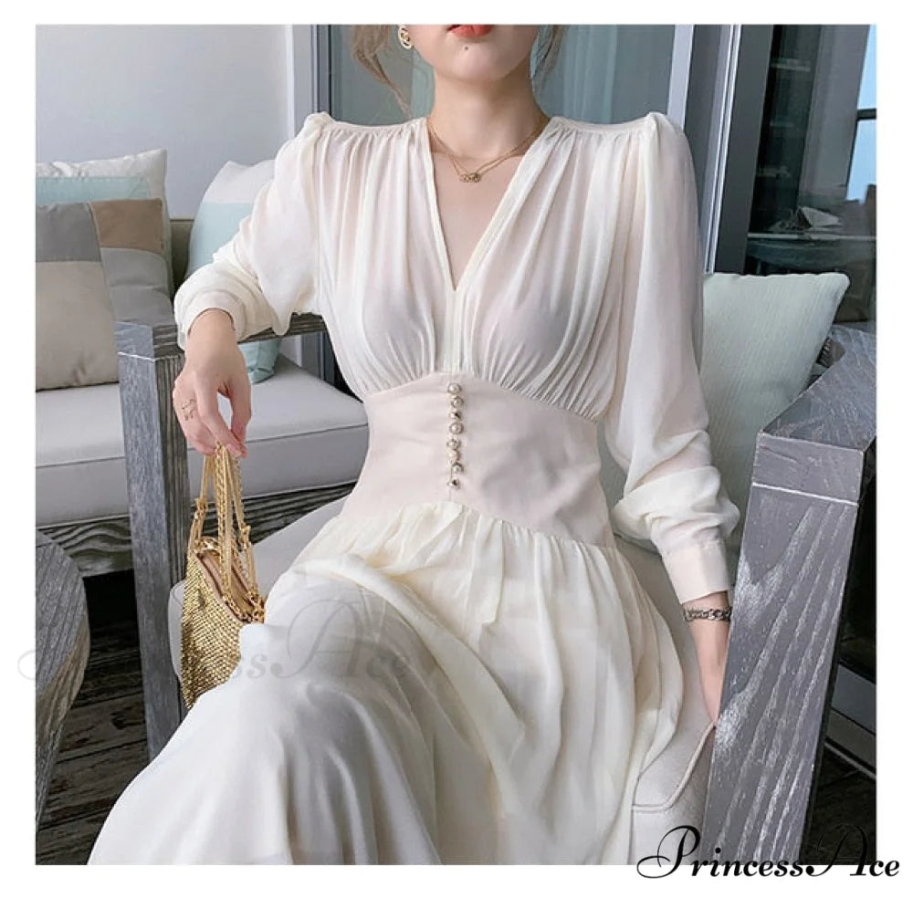 Gown Midi Elegant Arm Long Solid V-Neck for Women Apricot / S