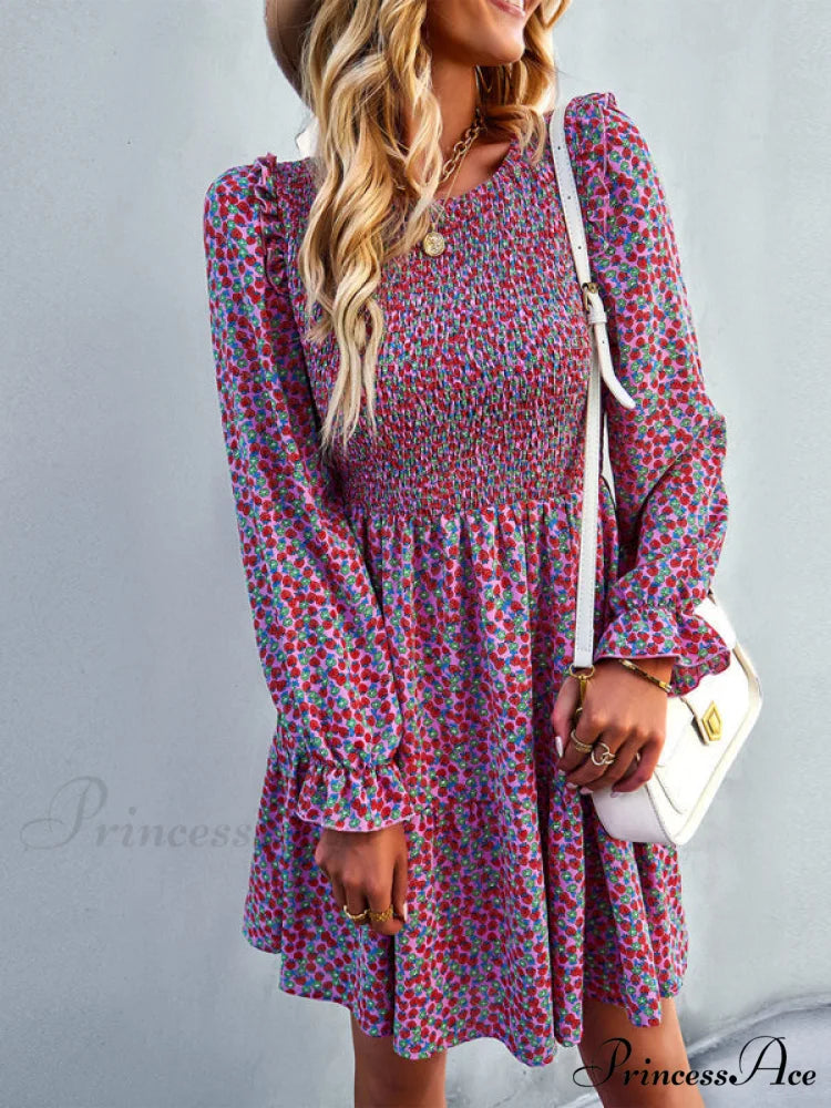 Gown Neck and for Spring A-Line Flowered Skirt Round Long-Sleeved - Summer