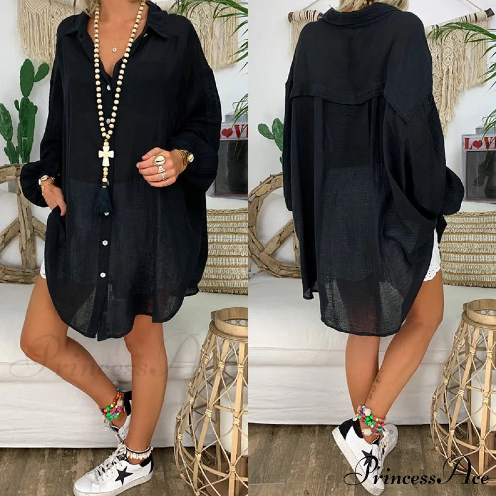 Gown Office Robe Linen Lapel Lady Long Vestidos Blouse Cotton Tunic Casual Women Solid Work Blouses Shirts Femme 0429