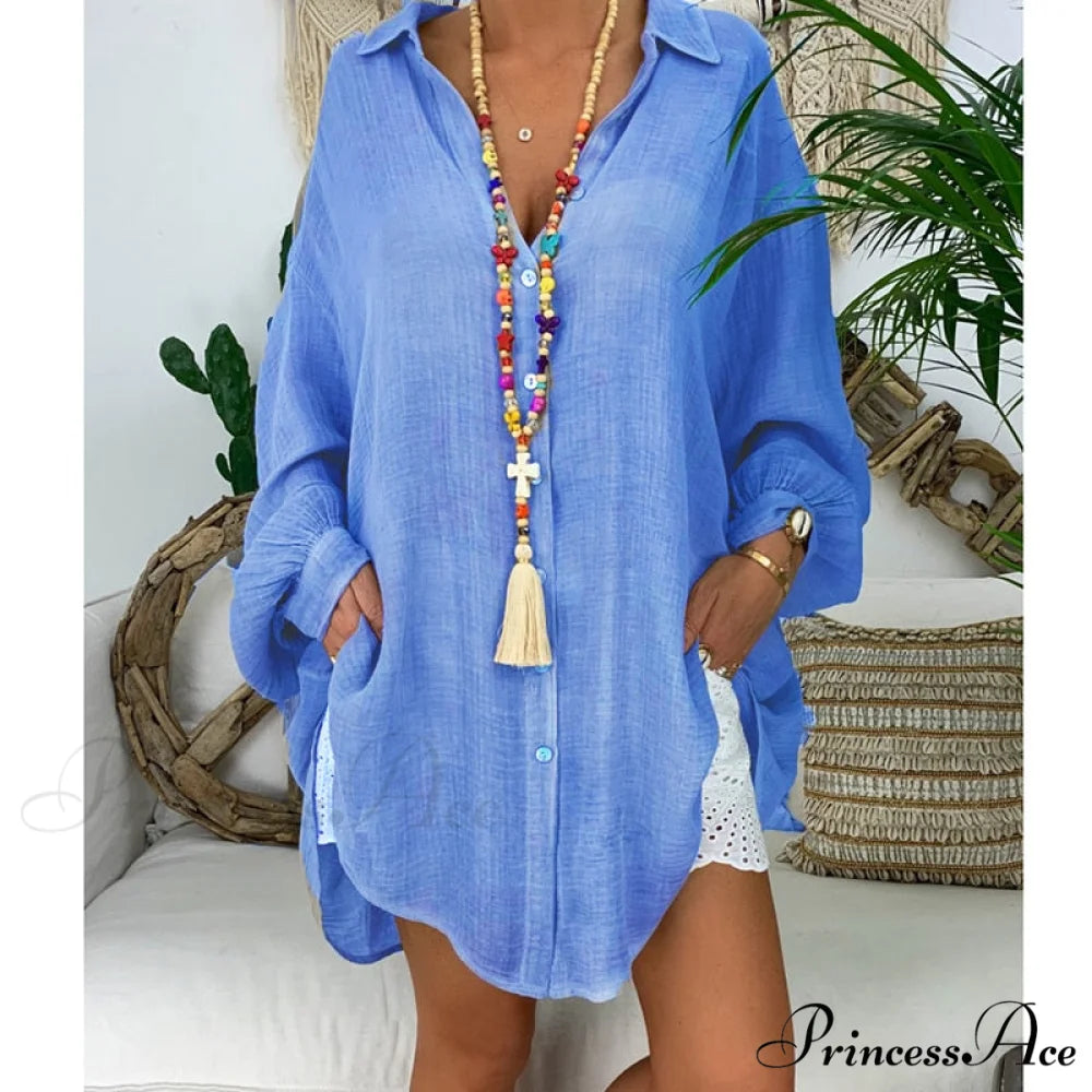 Gown Office Robe Linen Lapel Lady Long Vestidos Blouse Cotton Tunic Casual Women Solid Work Blouses Shirts Femme 0429