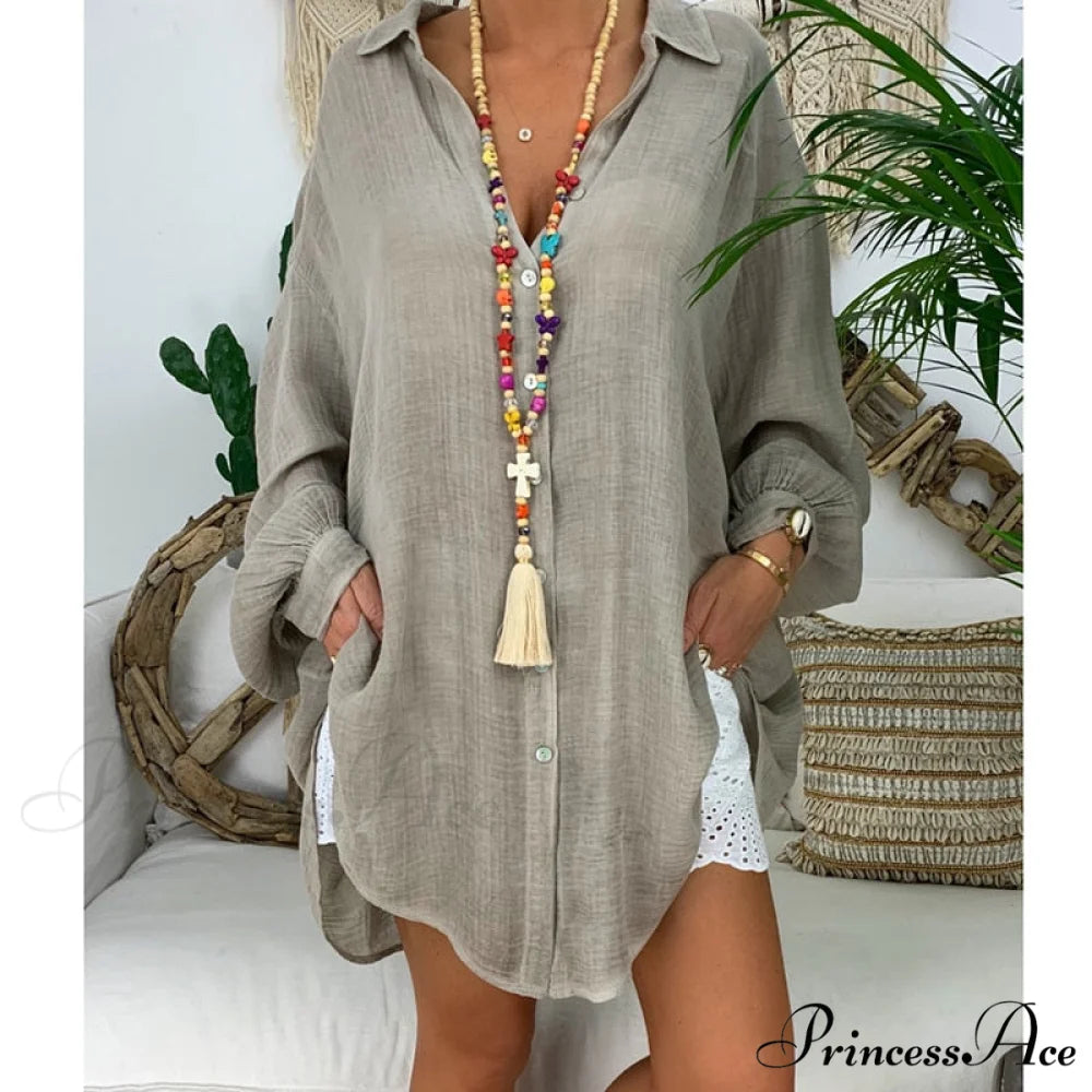 Gown Office Robe Linen Lapel Lady Long Vestidos Blouse Cotton Tunic Casual Women Solid Work Blouses Shirts Femme 0429