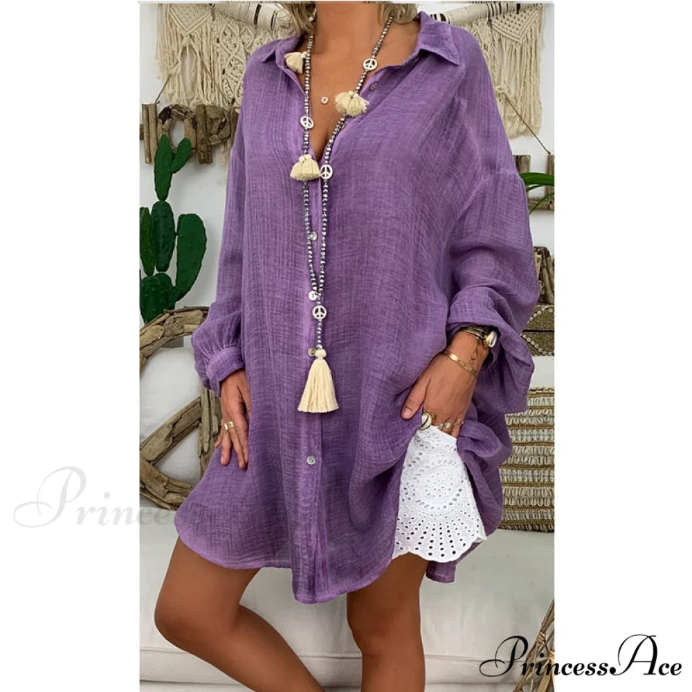 Gown Office Robe Linen Lapel Lady Long Vestidos Blouse Cotton Tunic Casual Women Solid Work Blouses Shirts Femme 0429