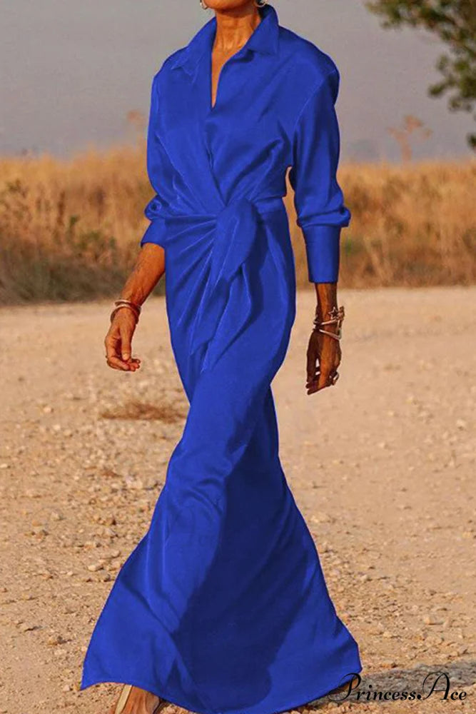 Gown Patchwork Blouse Bandage with Turndown Casual Solid Collar