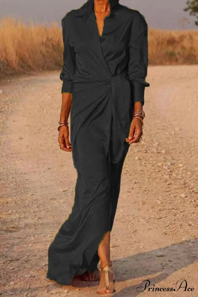 Gown Patchwork Blouse Bandage with Turndown Casual Solid Collar Black / S