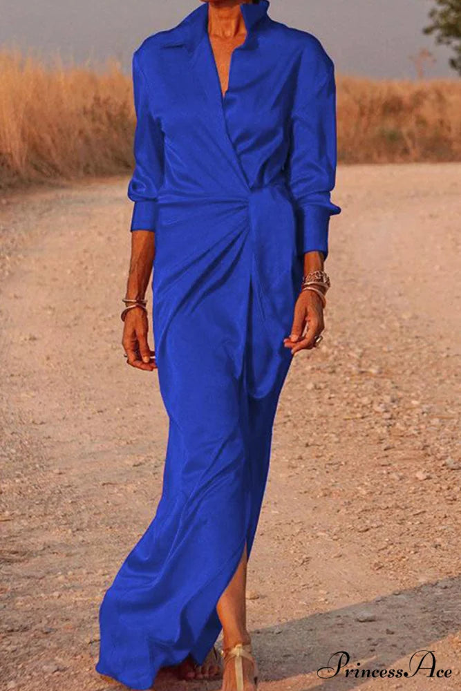 Gown Patchwork Blouse Bandage with Turndown Casual Solid Collar Blue / S
