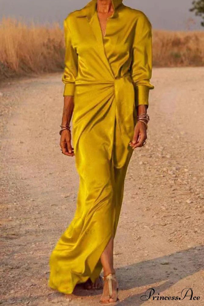 Gown Patchwork Blouse Bandage with Turndown Casual Solid Collar Gold / S