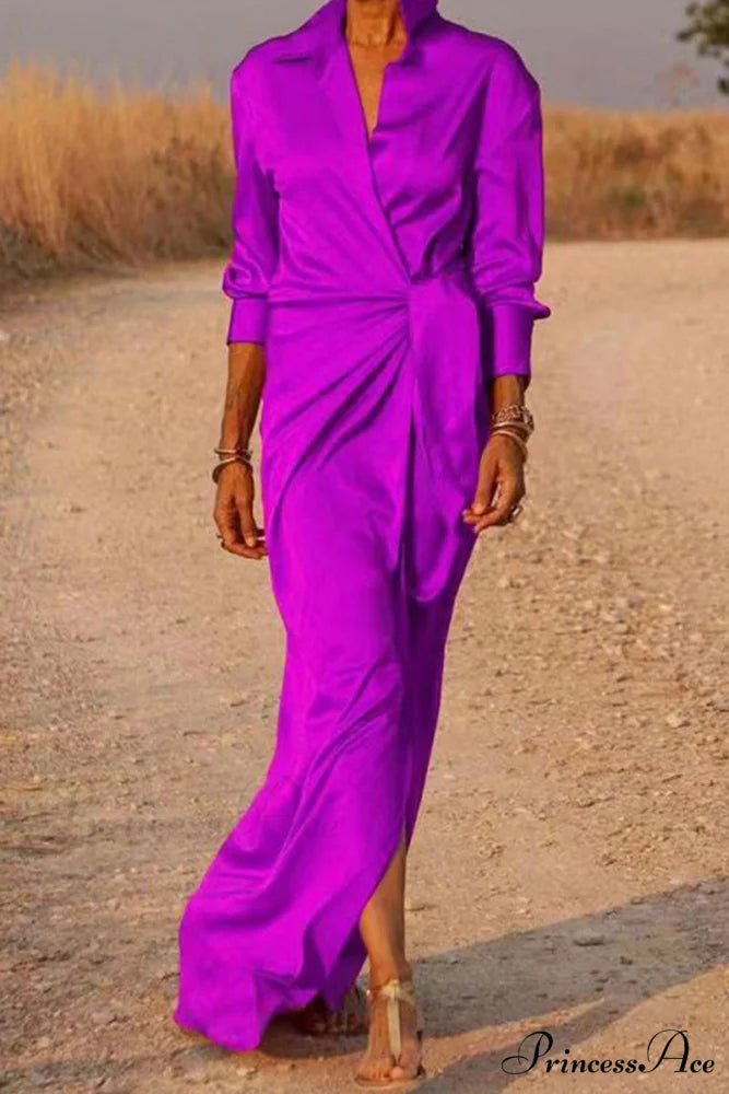Gown Patchwork Blouse Bandage with Turndown Casual Solid Collar Purple / S