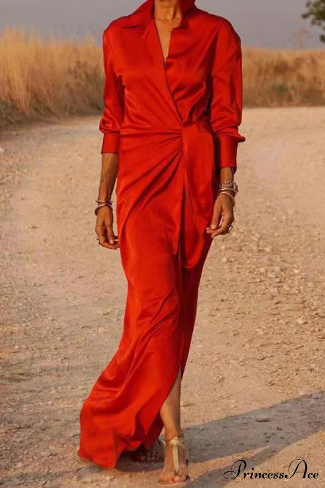 Gown Patchwork Blouse Bandage with Turndown Casual Solid Collar Red / S