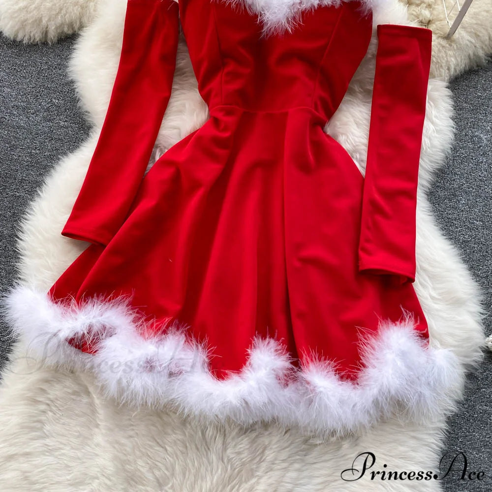 Gown Red for Backless Furry Strapless Elegant - Women Party New Year/Christmas/Femme