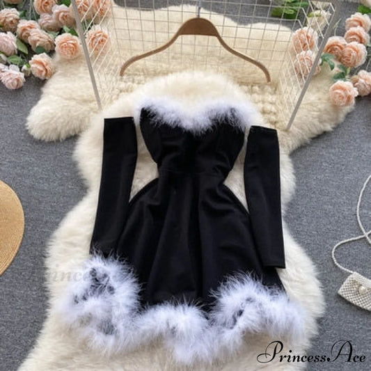Gown Red for Backless Furry Strapless Elegant - Women Party New Year/Christmas/Femme Black / One Size