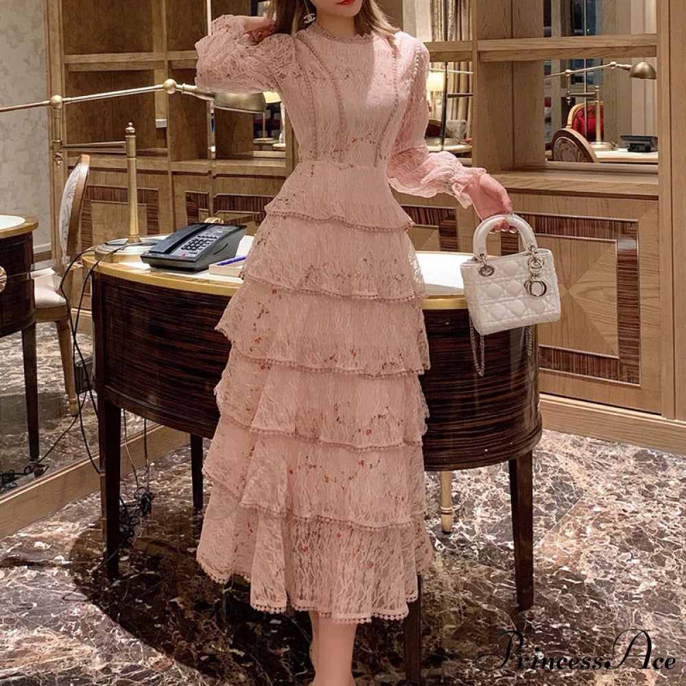 Gown Ruffle Embroidery Female Full-Length Full Elegant - Gown - Spring/Winter - Long Waist Pink Party Lace Arm High
