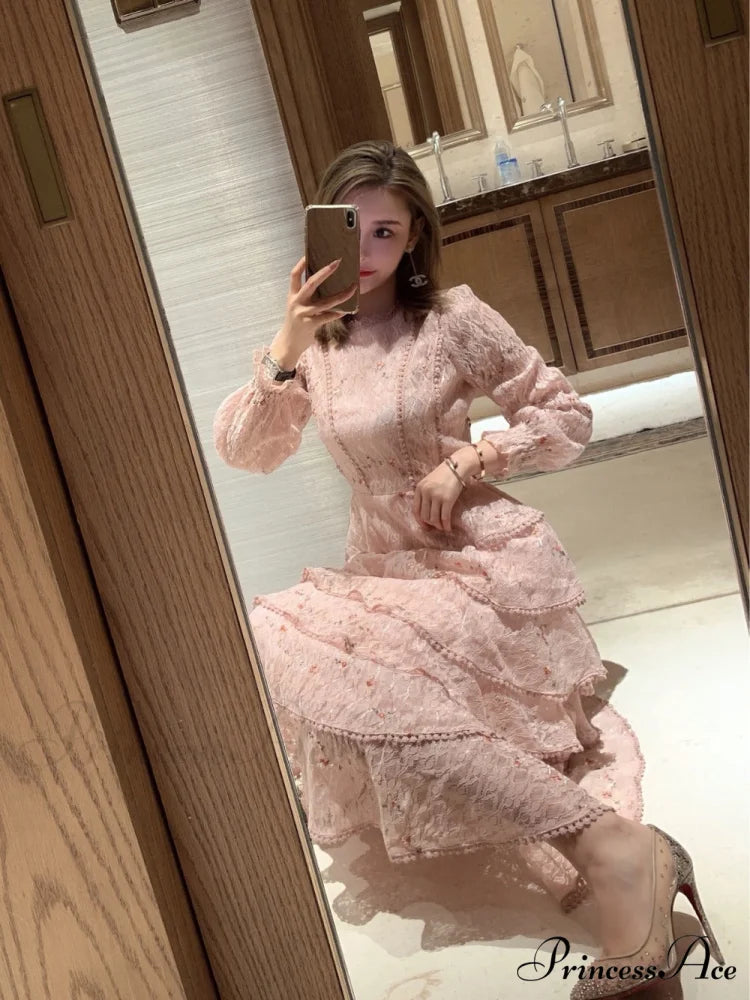 Gown Ruffle Embroidery Female Full-Length Full Elegant - Gown - Spring/Winter - Long Waist Pink Party Lace Arm High