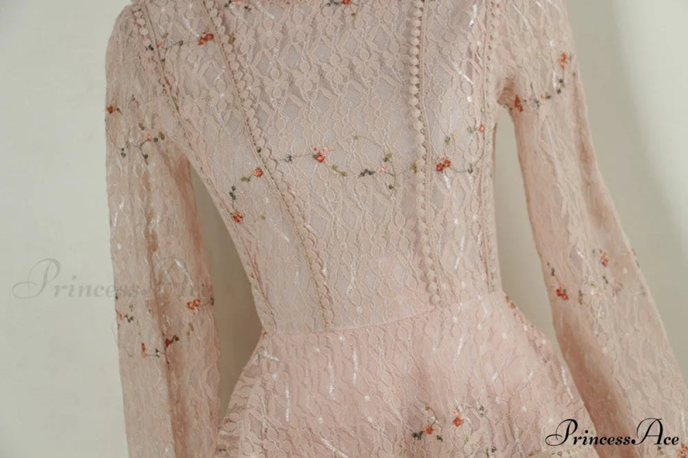 Gown Ruffle Embroidery Female Full-Length Full Elegant - Gown - Spring/Winter - Long Waist Pink Party Lace Arm High