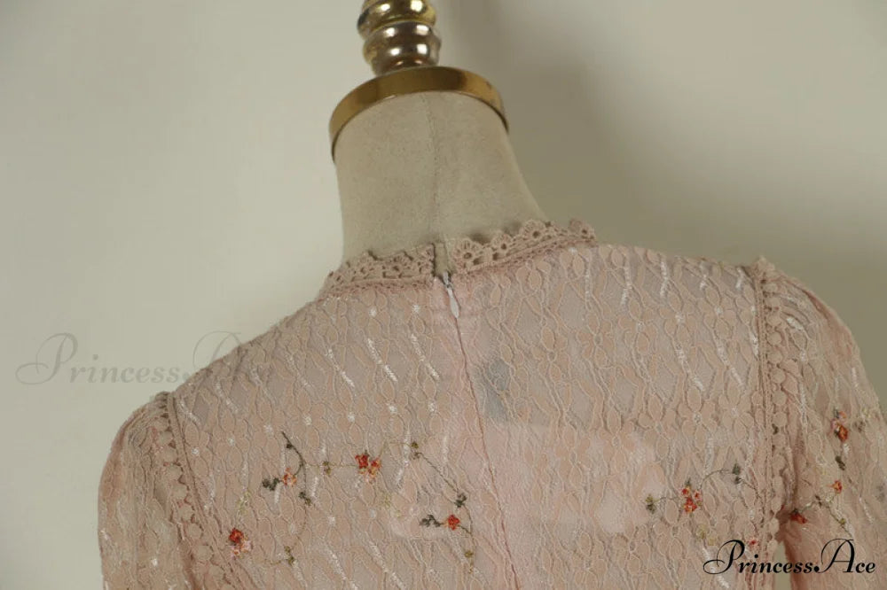 Gown Ruffle Embroidery Female Full-Length Full Elegant - Gown - Spring/Winter - Long Waist Pink Party Lace Arm High