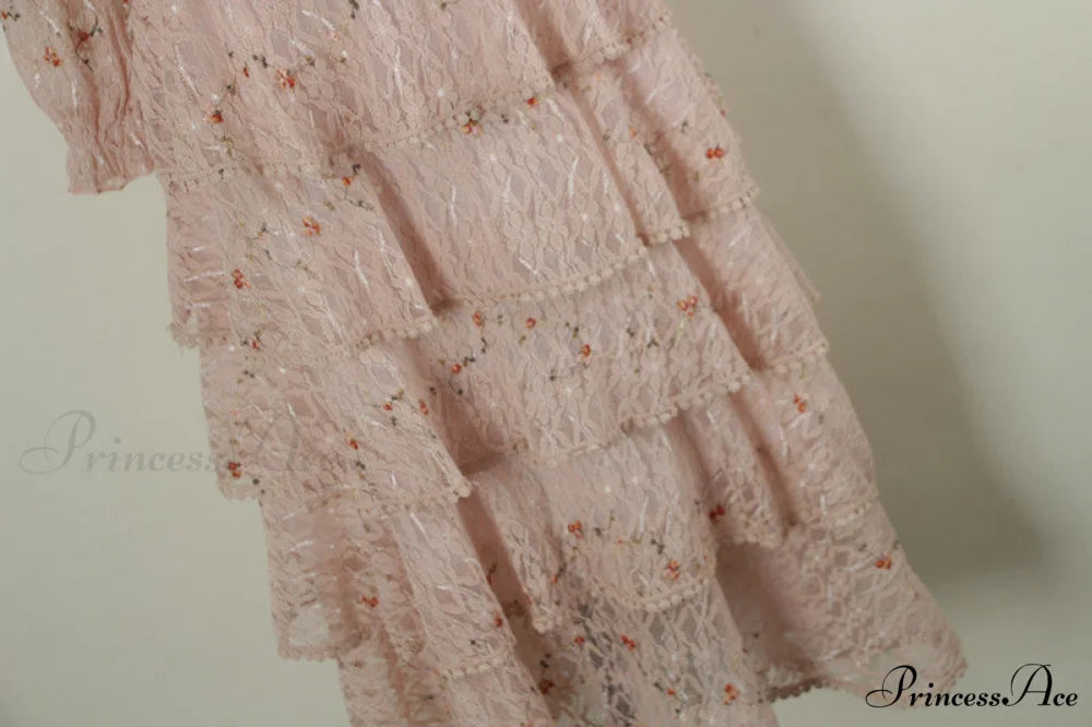 Gown Ruffle Embroidery Female Full-Length Full Elegant - Gown - Spring/Winter - Long Waist Pink Party Lace Arm High