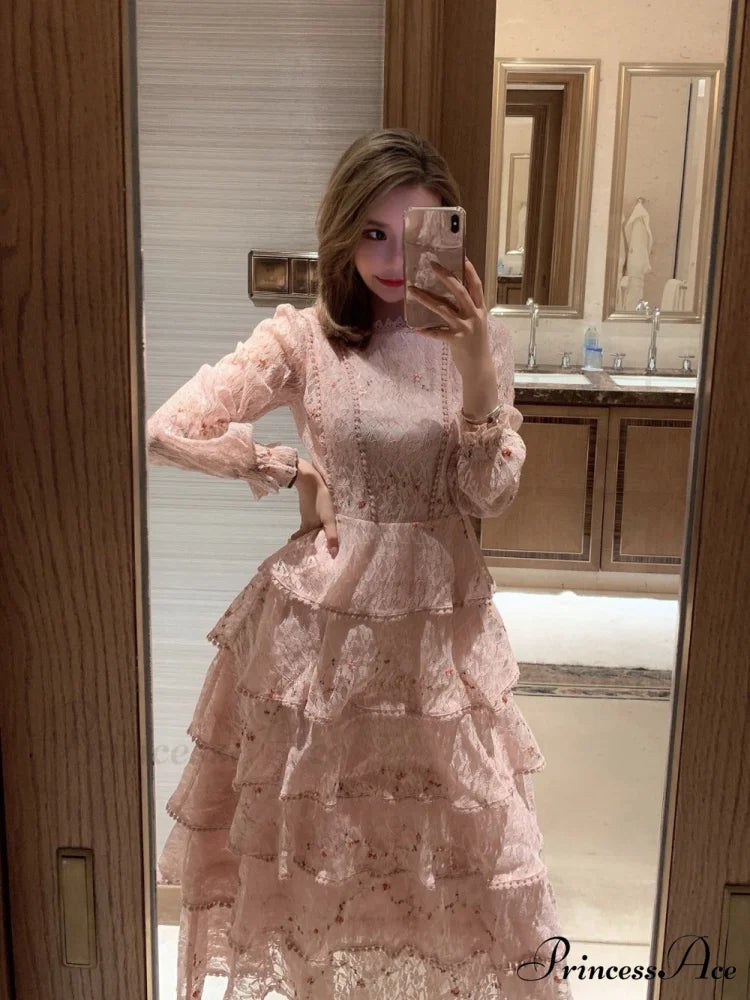 Gown Ruffle Embroidery Female Full-Length Full Elegant - Gown - Spring/Winter - Long Waist Pink Party Lace Arm High