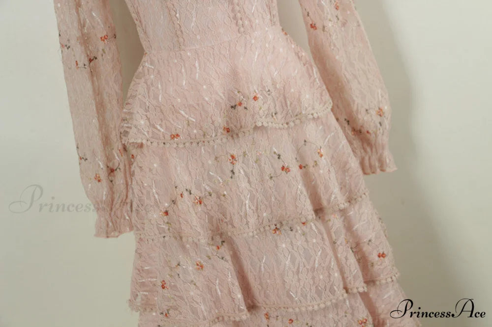 Gown Ruffle Embroidery Female Full-Length Full Elegant - Gown - Spring/Winter - Long Waist Pink Party Lace Arm High