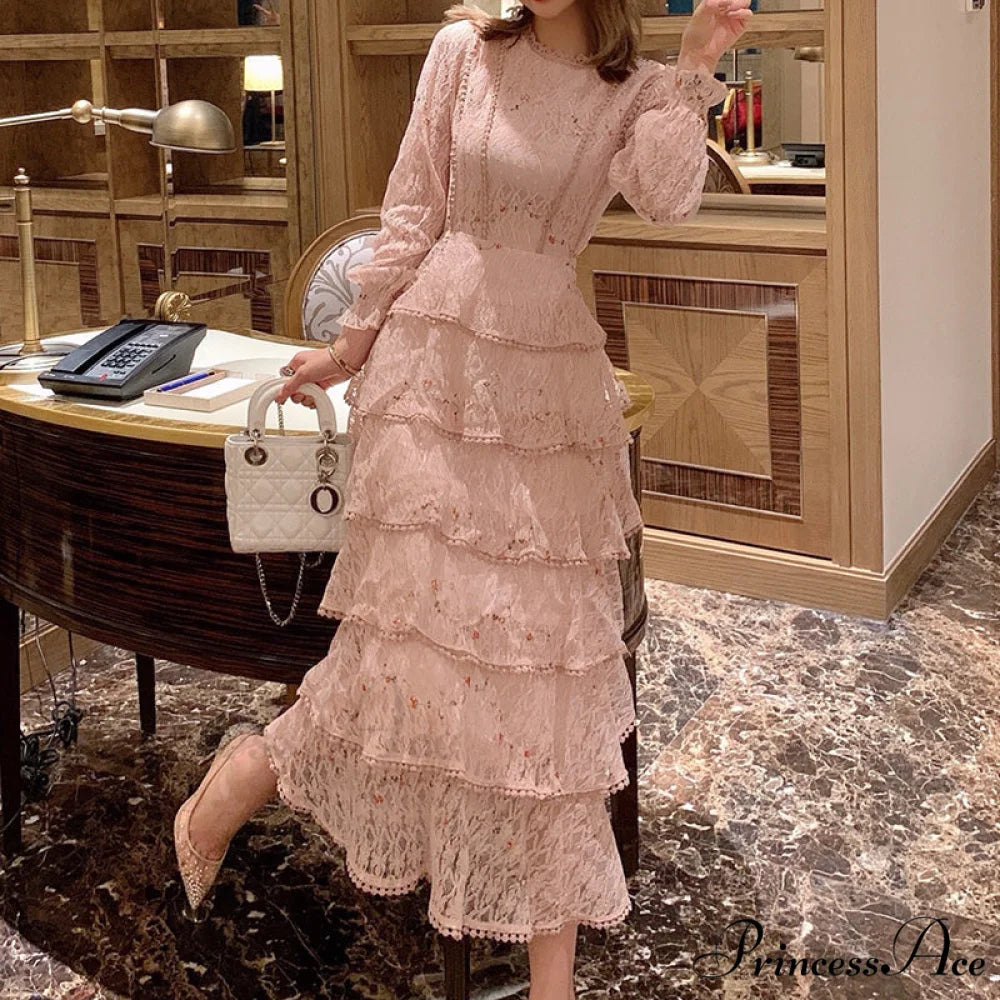 Gown Ruffle Embroidery Female Full-Length Full Elegant - Gown - Spring/Winter - Long Waist Pink Party Lace Arm High