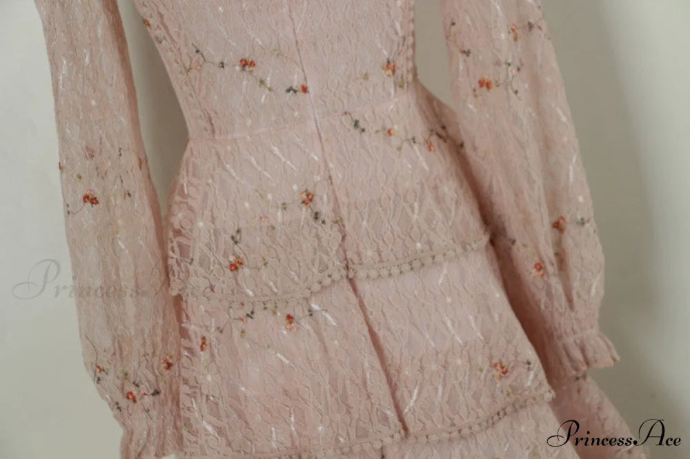Gown Ruffle Embroidery Female Full-Length Full Elegant - Gown - Spring/Winter - Long Waist Pink Party Lace Arm High