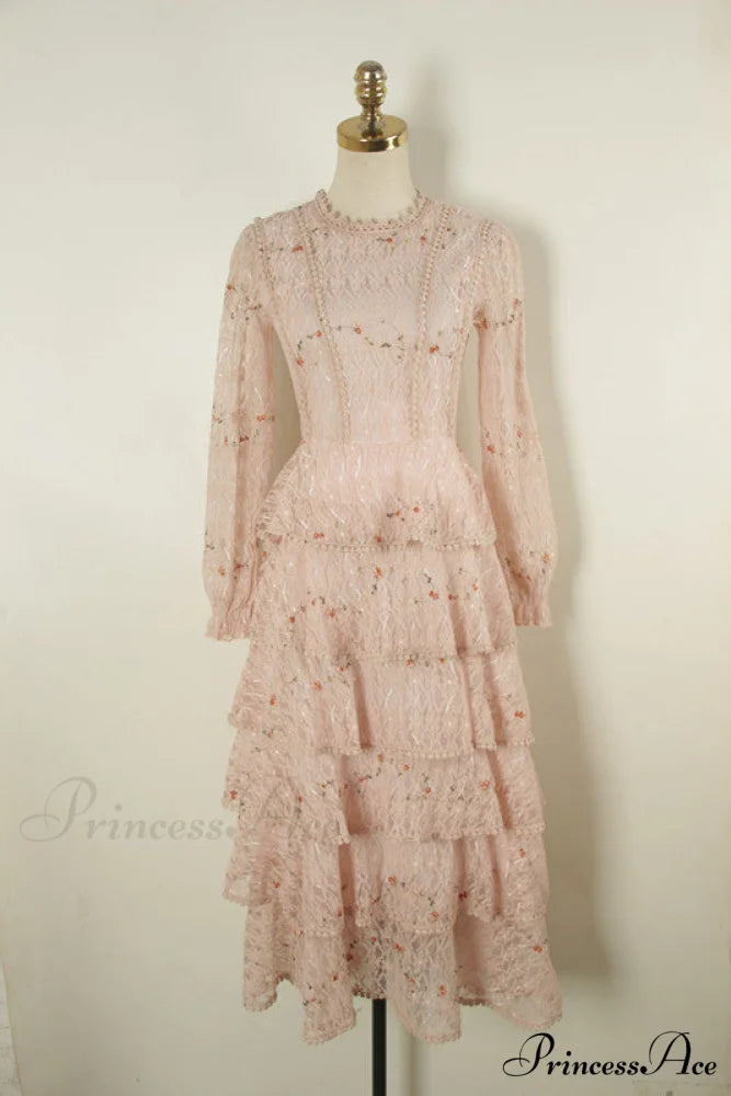 Gown Ruffle Embroidery Female Full-Length Full Elegant - Gown - Spring/Winter - Long Waist Pink Party Lace Arm High