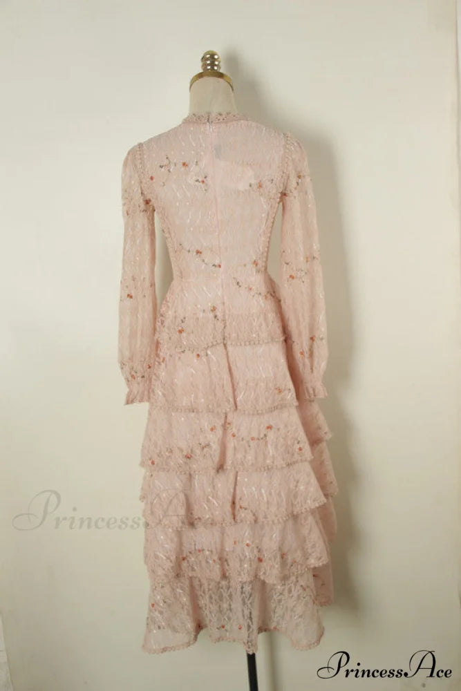 Gown Ruffle Embroidery Female Full-Length Full Elegant - Gown - Spring/Winter - Long Waist Pink Party Lace Arm High