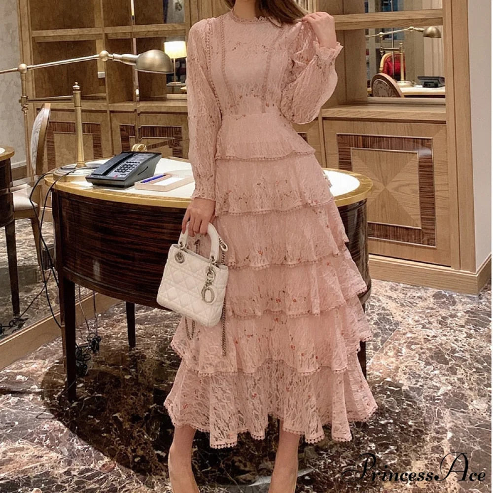 Gown Ruffle Embroidery Female Full-Length Full Elegant - Gown - Spring/Winter - Long Waist Pink Party Lace Arm High