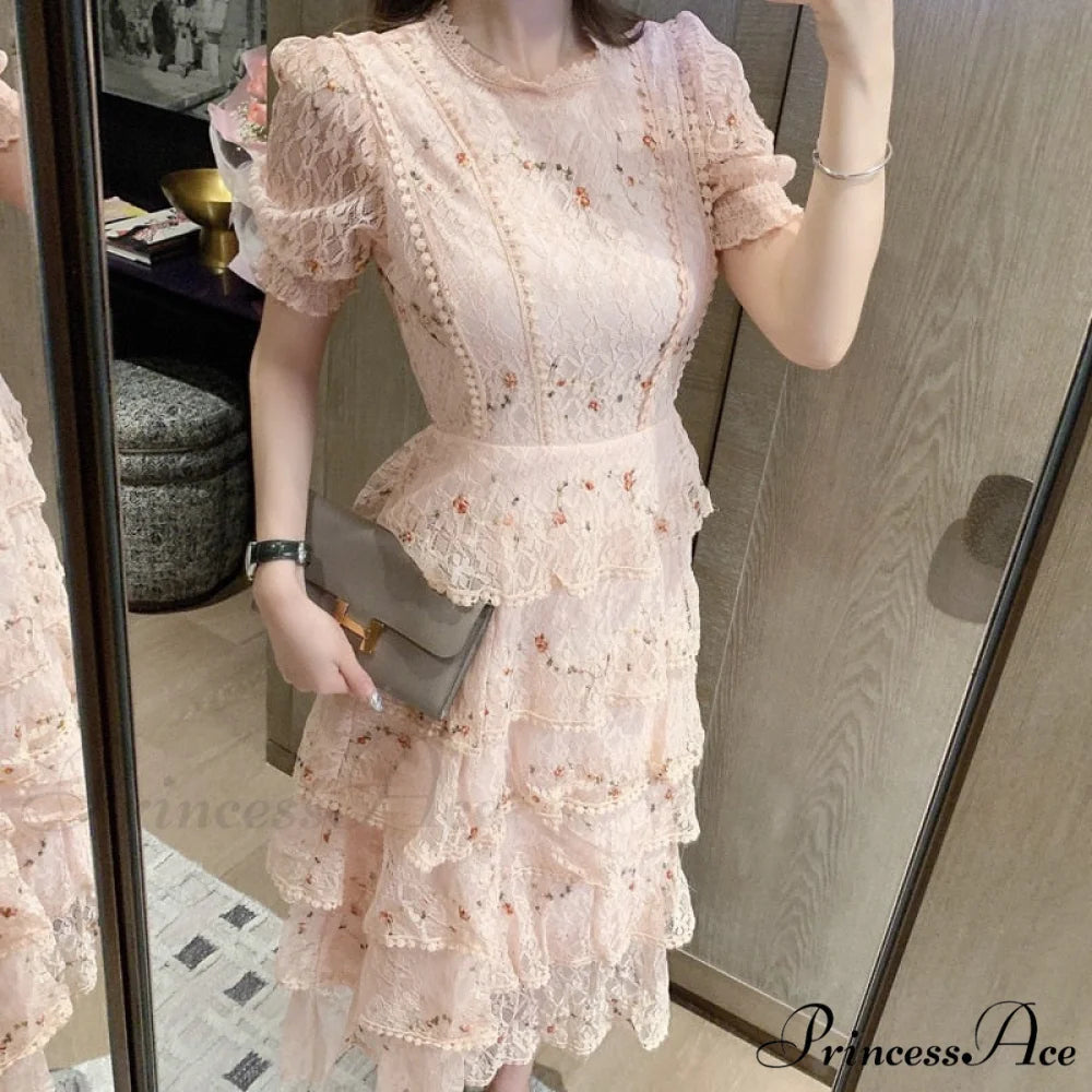 Gown Ruffle Embroidery Female Full-Length Full Elegant - Gown - Spring/Winter - Long Waist Pink Party Lace Arm High