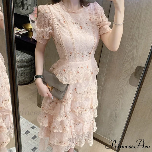 Gown Ruffle Embroidery Female Full-Length Full Elegant - Gown - Spring/Winter - Long Waist Pink Party Lace Arm High
