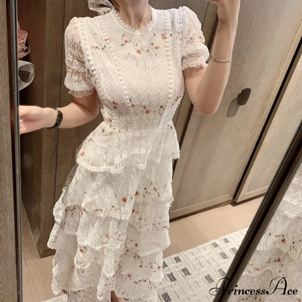 Gown Ruffle Embroidery Female Full-Length Full Elegant - Gown - Spring/Winter - Long Waist Pink Party Lace Arm High