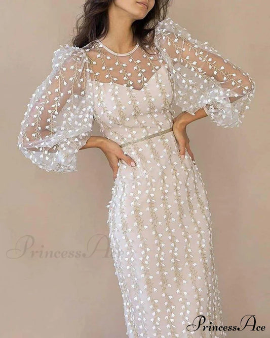 Gown Sleeves O-Neck Warm-Season with Women’s Elegant Party Long Lace for and Events Photo Color / S