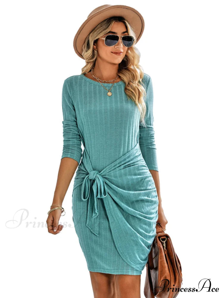 Gown Solid Rib-knit Mini Front Neck for Crew Color Tie Women