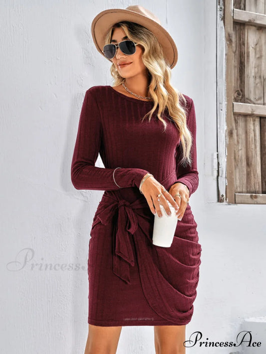 Gown Solid Rib-knit Mini Front Neck for Crew Color Tie Women