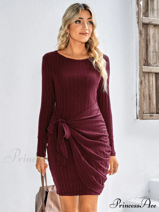 Gown Solid Rib-knit Mini Front Neck for Crew Color Tie Women