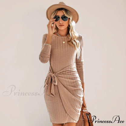 Gown Solid Rib-knit Mini Front Neck for Crew Color Tie Women Khaki / S