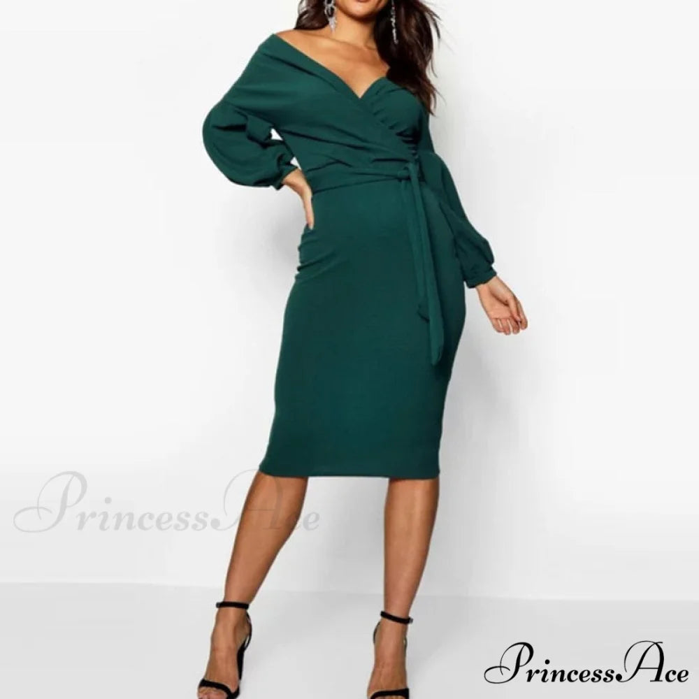 Gown with Bodycon and Spring Deep V Neck Lantern Sleeves Sashes 4 / S
