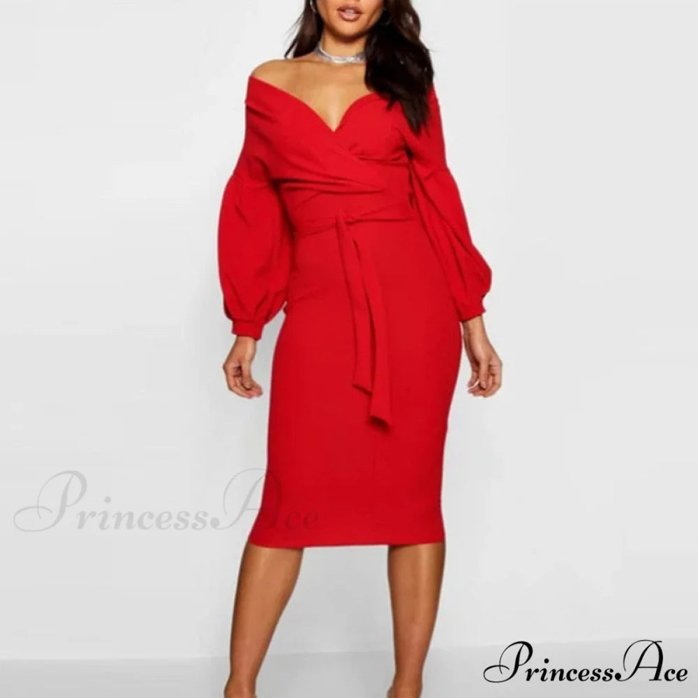 Gown with Bodycon and Spring Deep V Neck Lantern Sleeves Sashes 5 / S