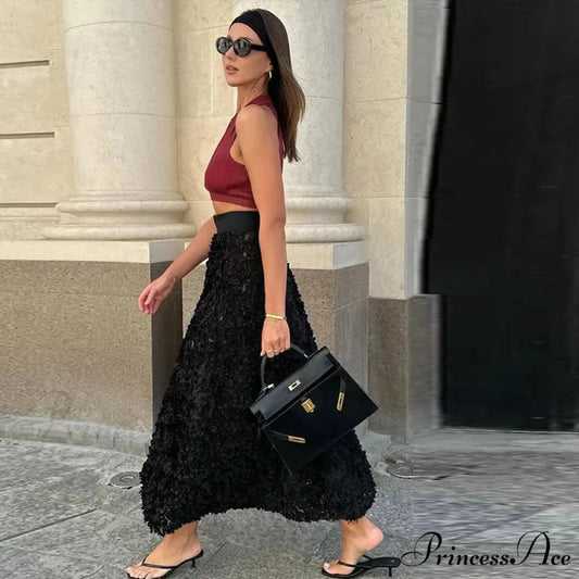 Graceful 3D Blossom Solid A-Line Stretchable High Waist Skirt Black / S skirt-250126