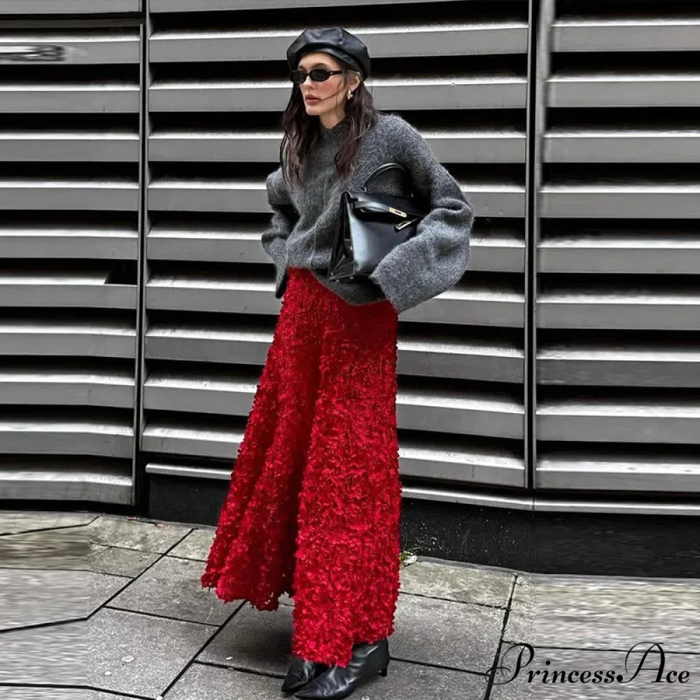 Graceful 3D Blossom Solid A-Line Stretchable High Waist Skirt Red / S skirt-250126