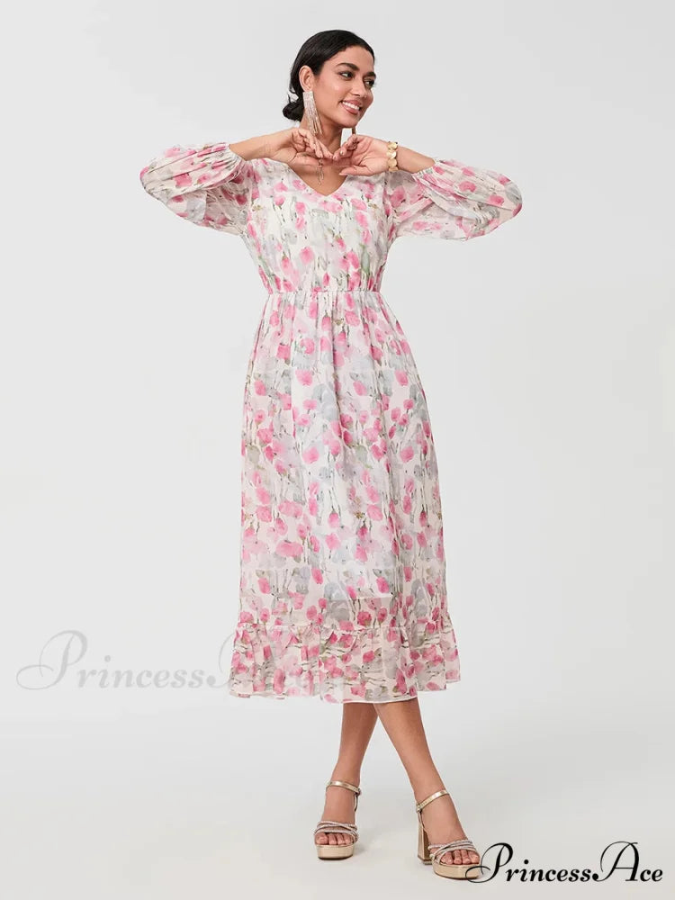 Graceful Botanical Cascading Long Sleeve A-Line Floral Dress floraldress-250126