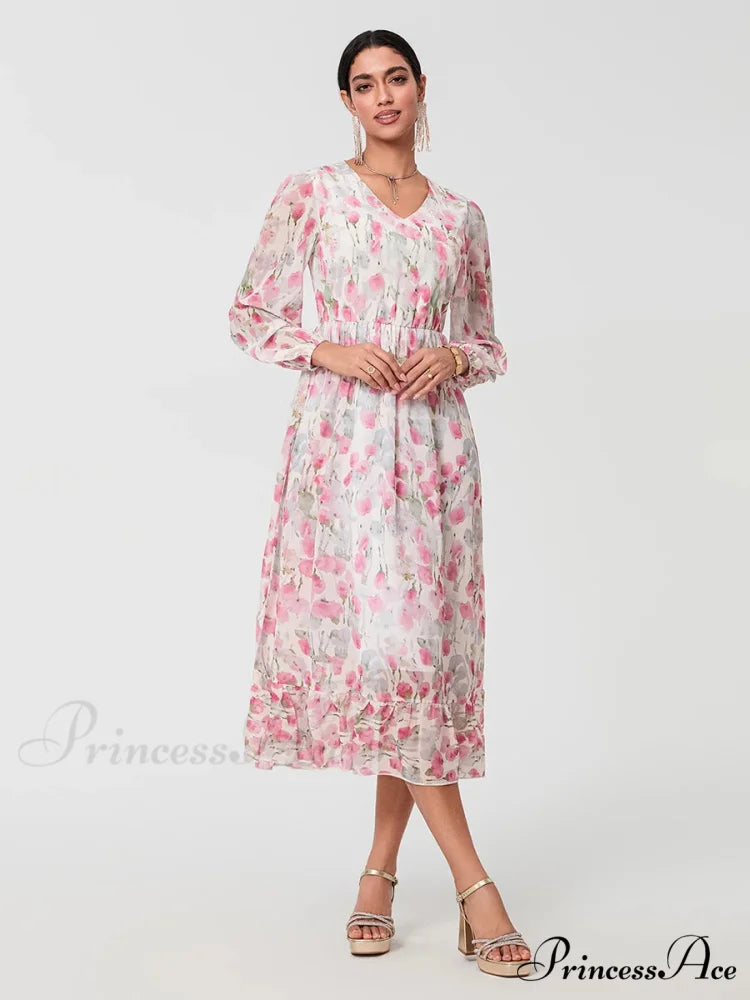 Graceful Botanical Cascading Long Sleeve A-Line Floral Dress floraldress-250126